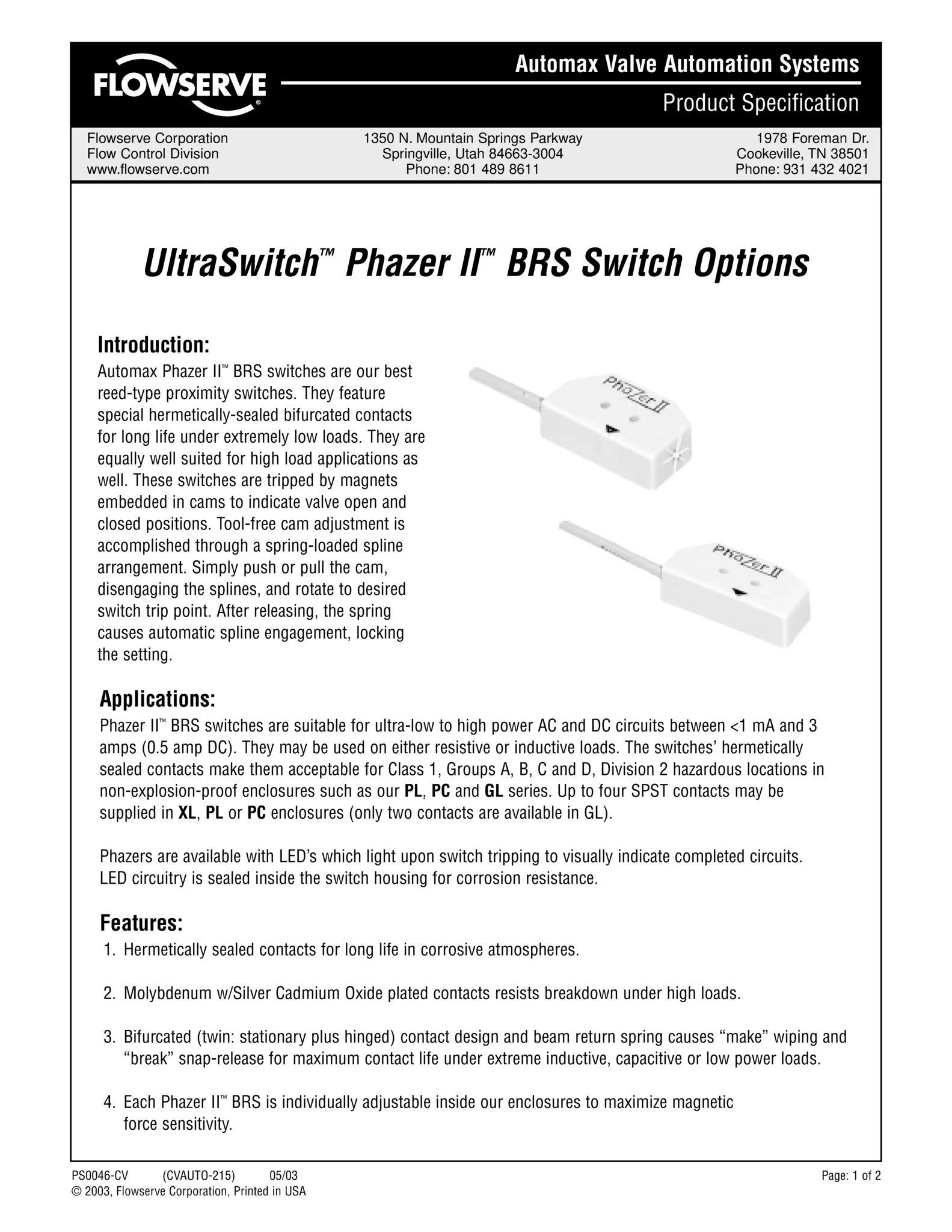 Automax UltraSwitch™ Phazer II™ BRS 开关规格