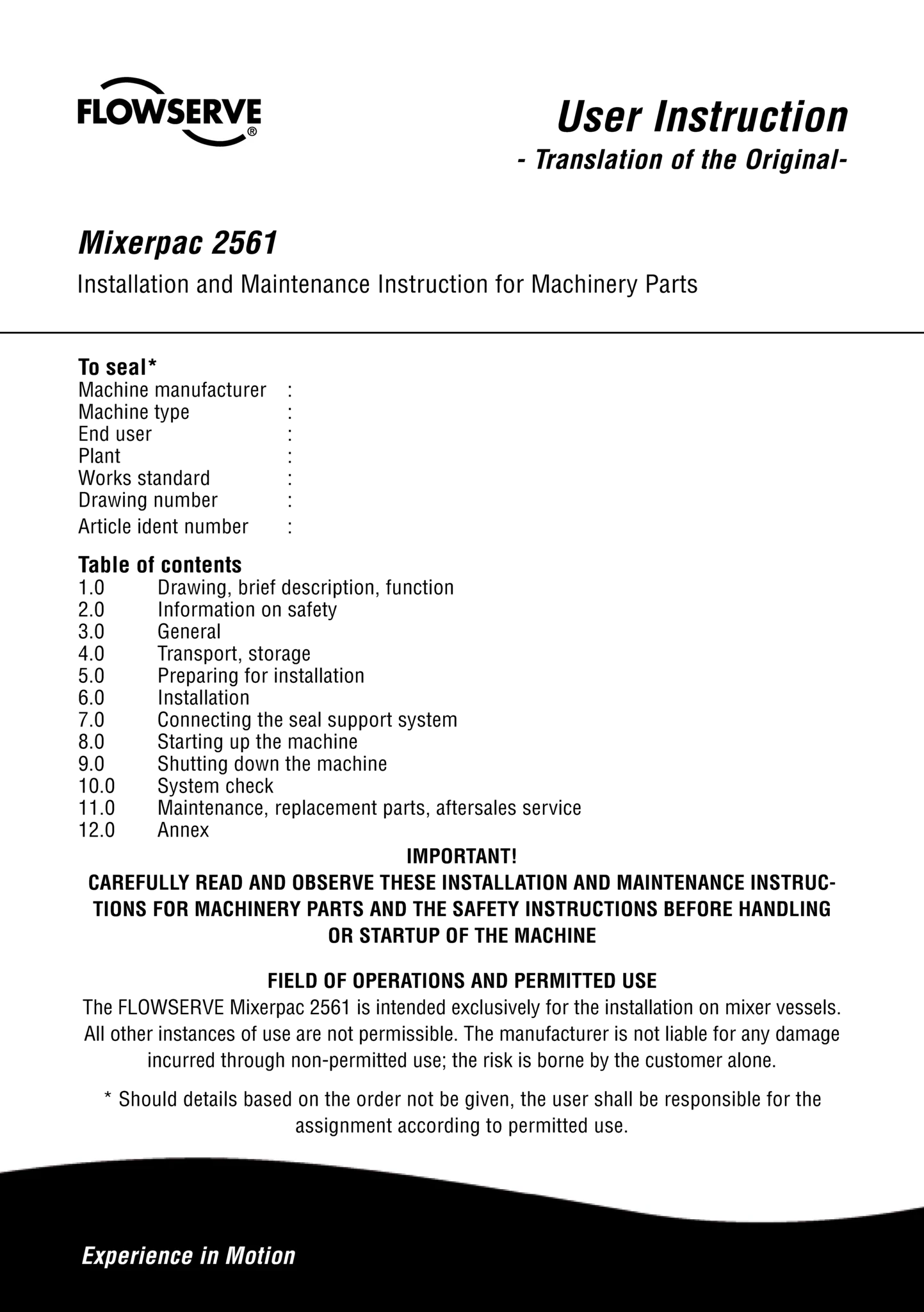 Mixerpac 2561密封 — 使用说明