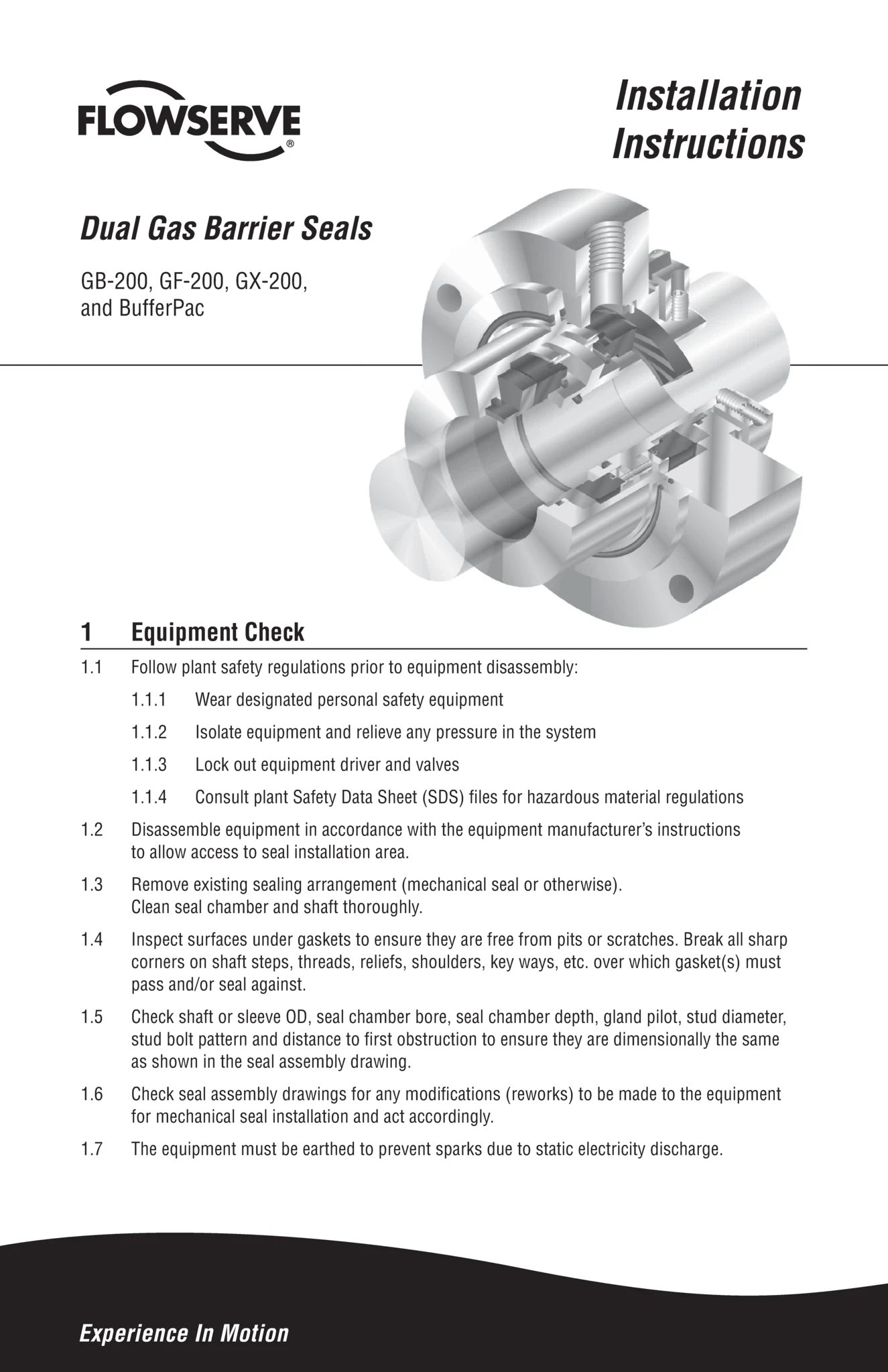 GB-200、GF-200、GX-200和BufferPac双重气障密封使用说明