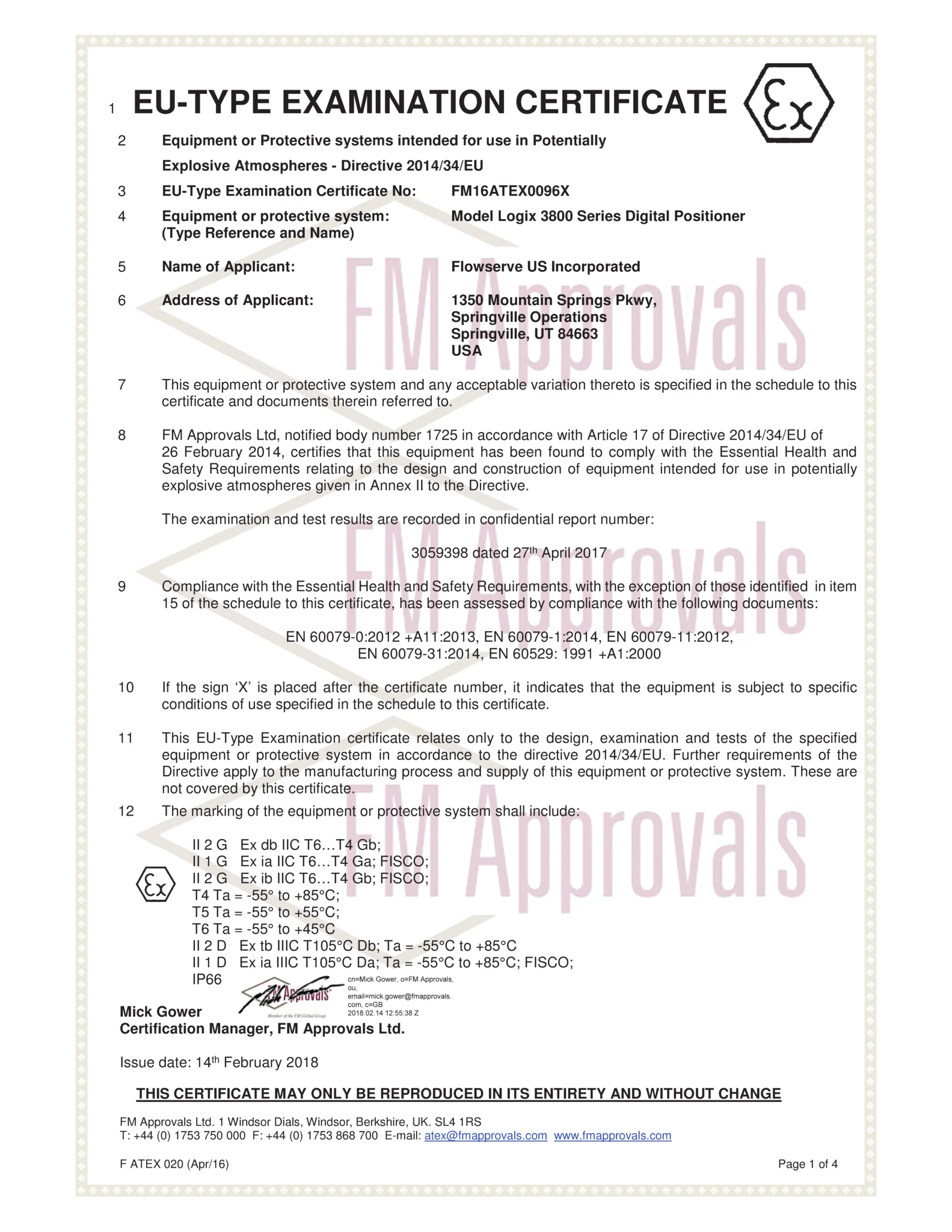 Logix 3800系列数字定位器-ATEX防爆本质安全型检定证书（欧盟）
