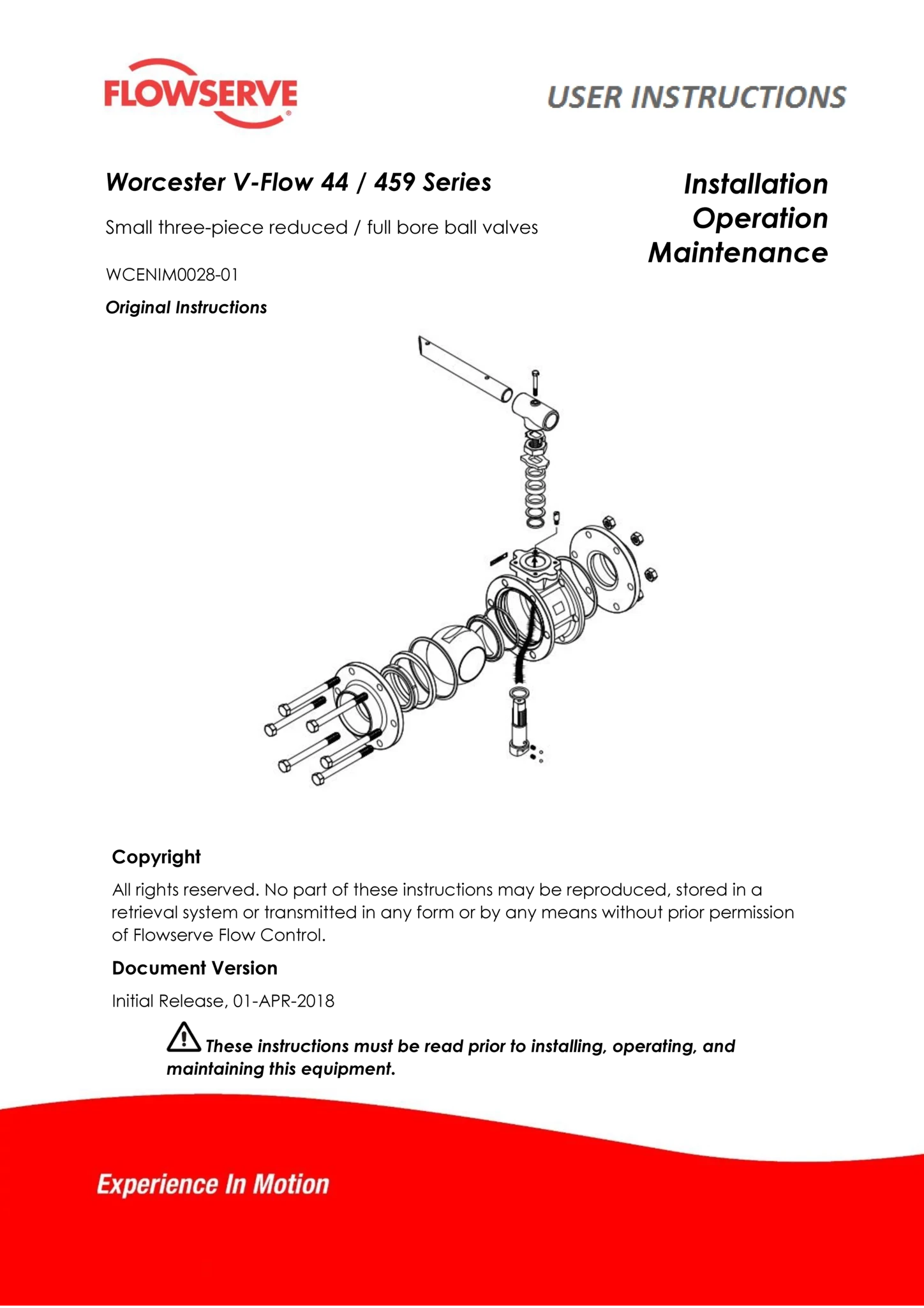 Worcester Controls V44/459 系列三件式缩径/全通径球阀使用说明（IOM）（欧洲/亚洲）
