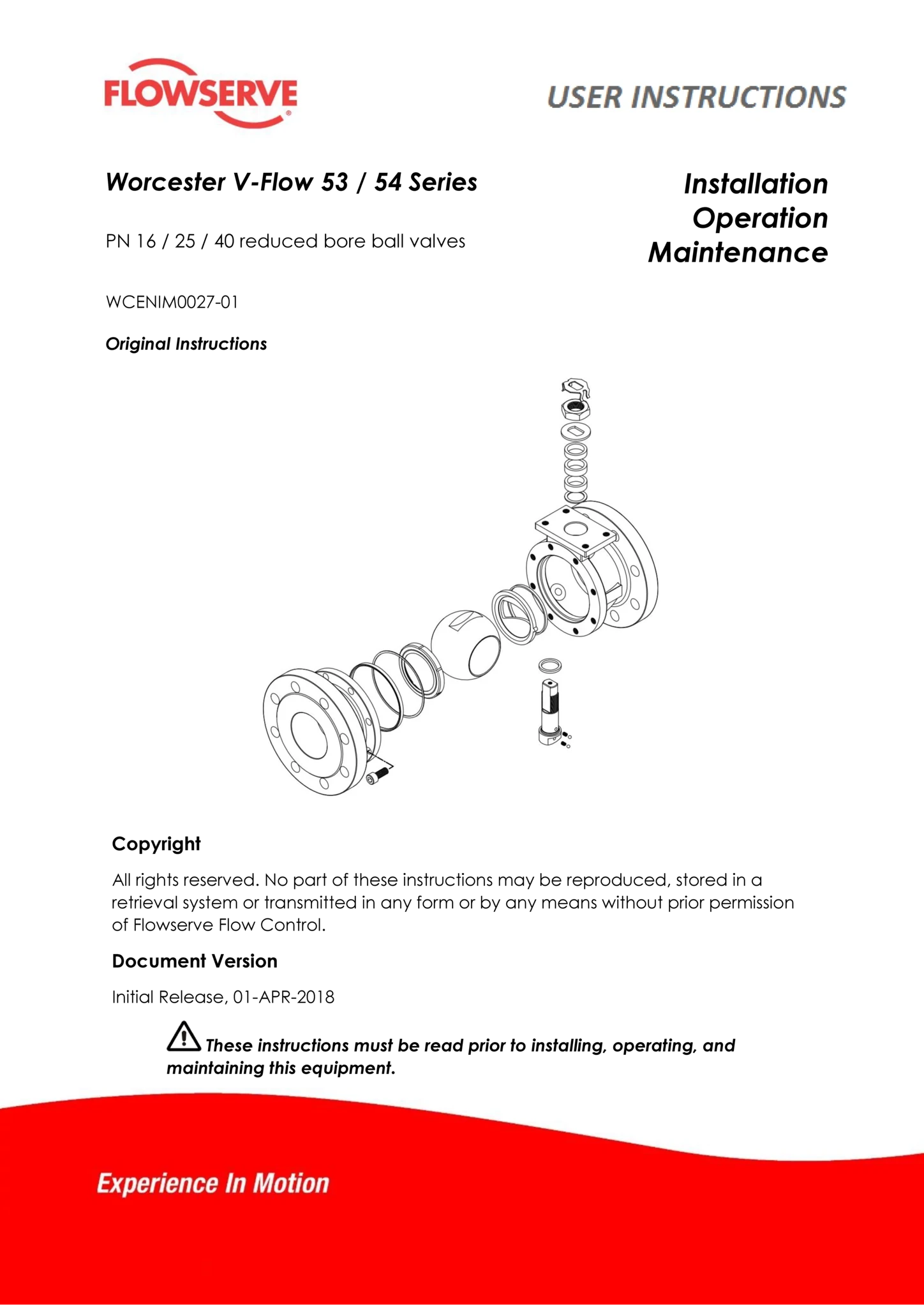 Worcester Controls V53/54系列法兰缩径球阀使用说明书（IOM）（欧洲/亚洲）