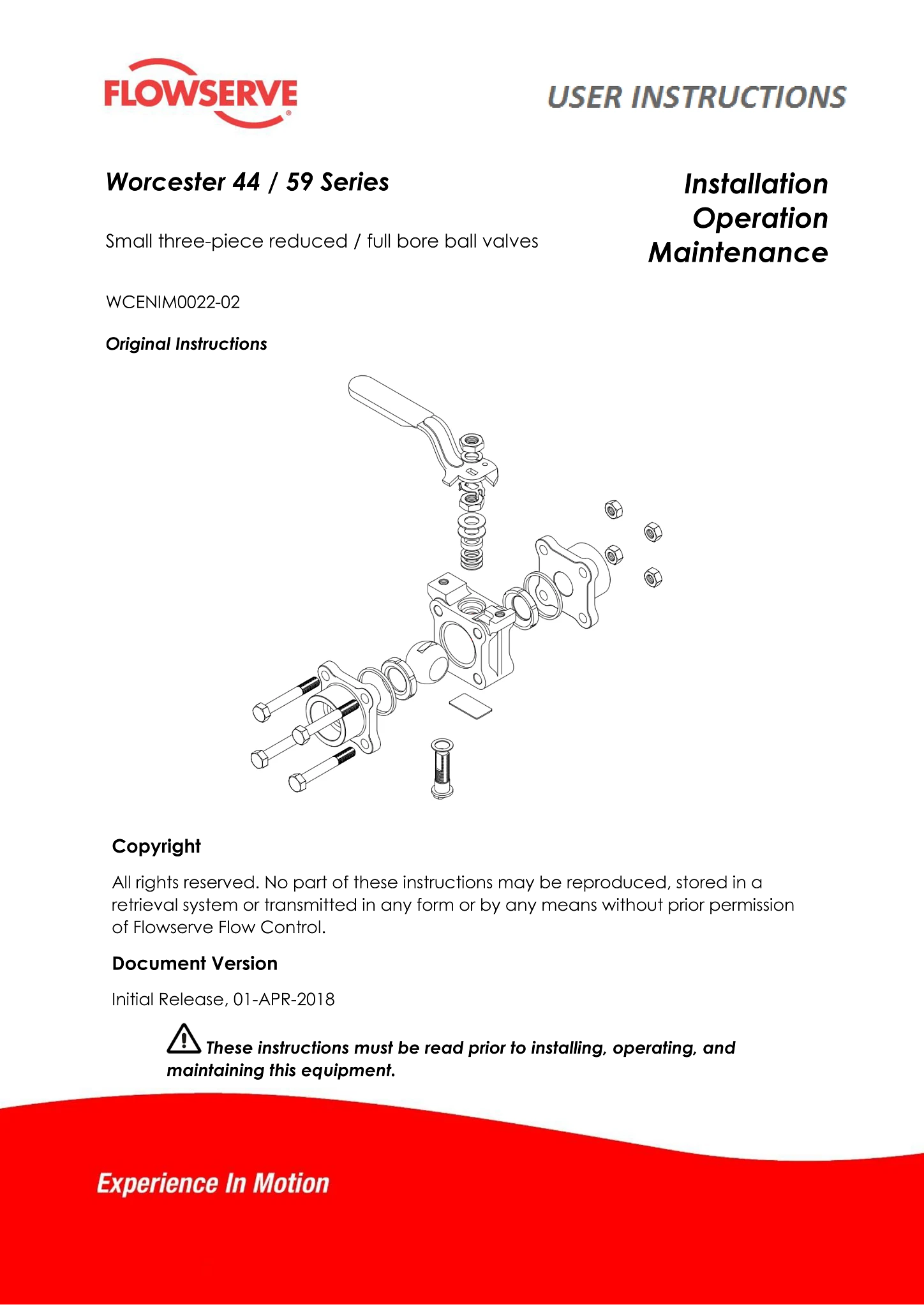 Worcester Controls 44/59系列三件式球阀使用说明（IOM）（欧洲/亚洲）