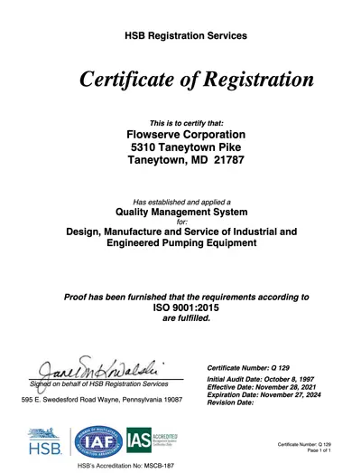 Flowserve Taneytown ISO 9001:2015证书